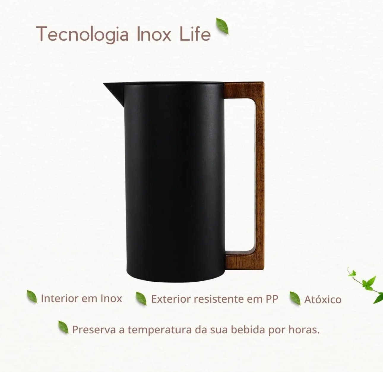 Garrafa Térmica 1 Litro Inox Cabo Madeira - Preto — imagem 2