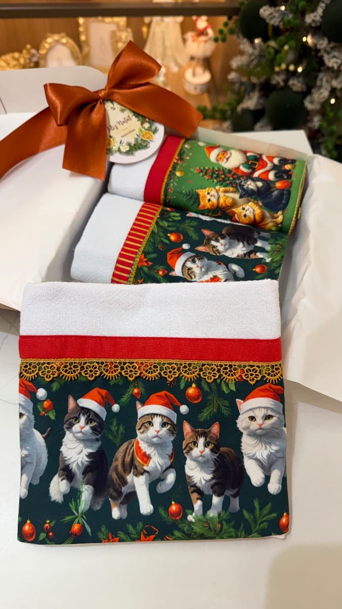 Panos de Prato – Gatinhos de Natal | Kit com 3 Peças