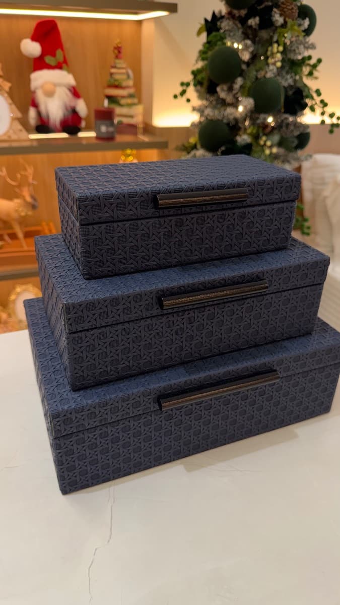 Kit 3 Caixas Retangulares com Textura Palha – Azul Marinho  — imagem 3