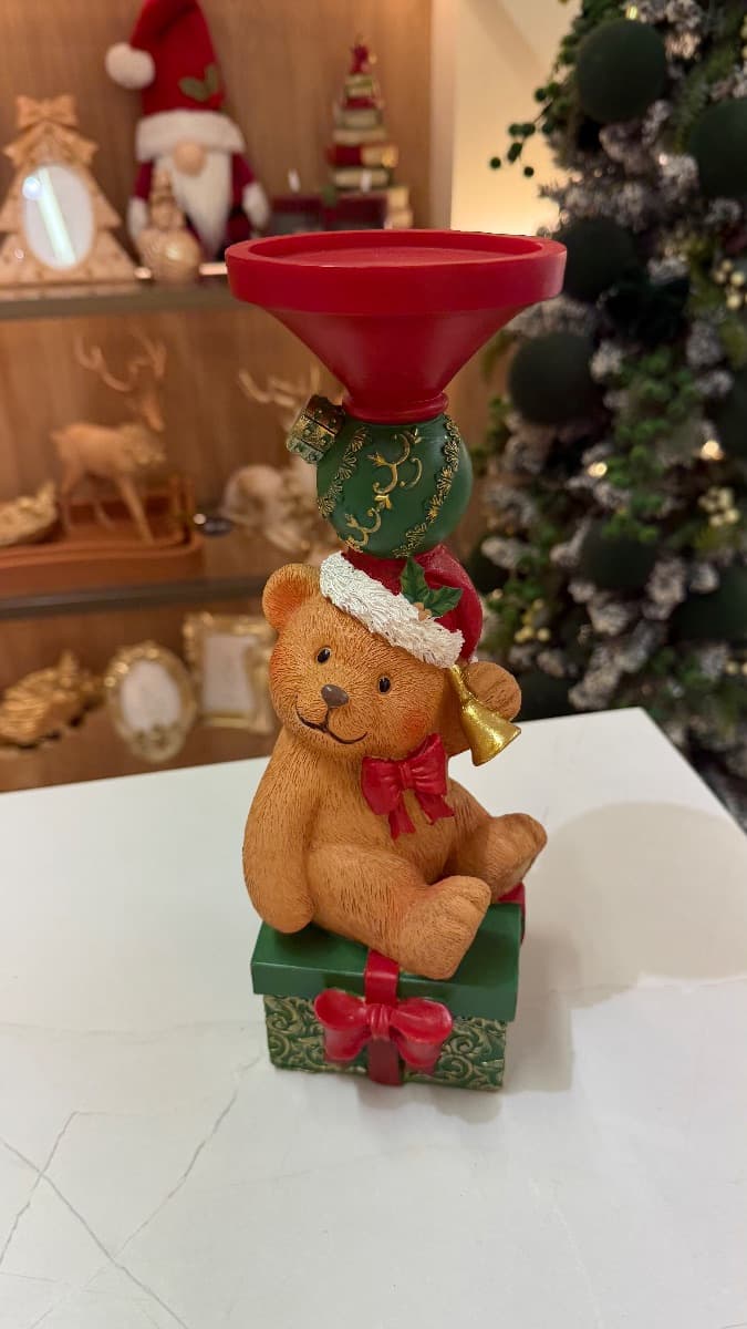 Urso Decorativo Natalino com Porta-Vela – 29 cm