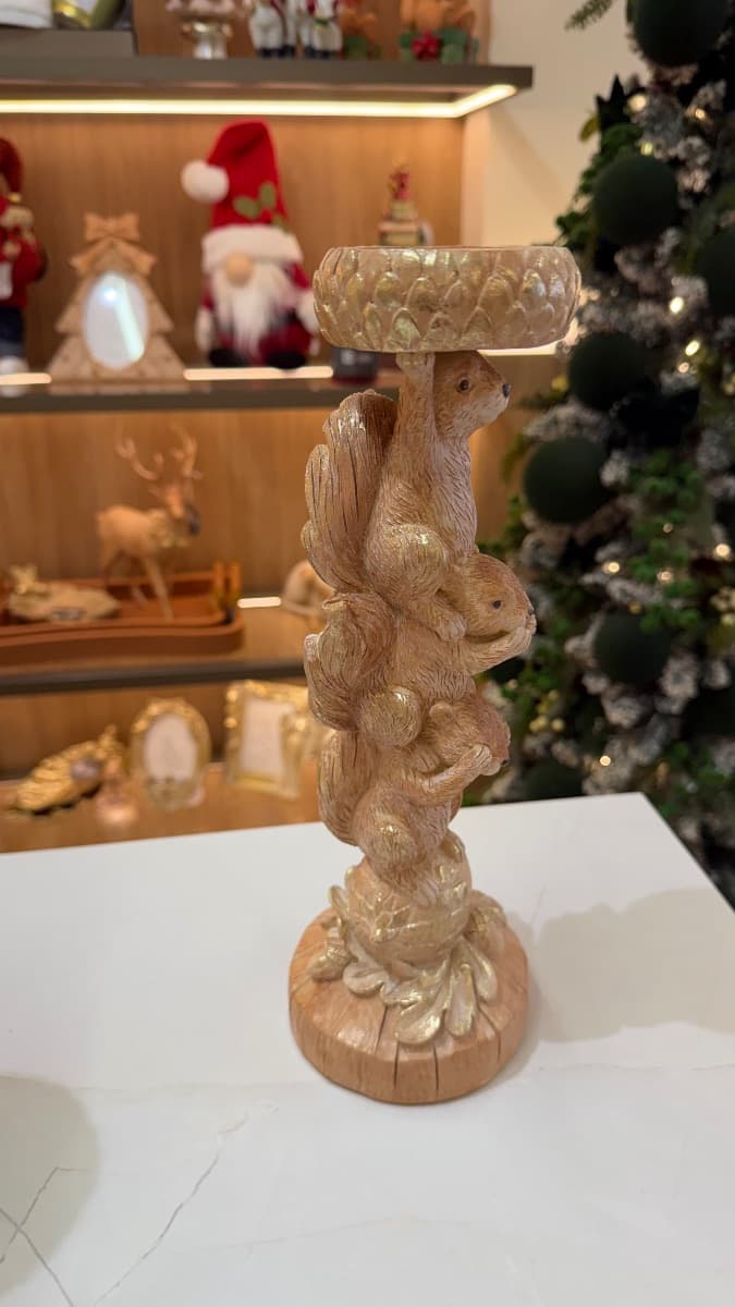 Castiçal Decorativo com Esquilos Dourados – 30,5 cm