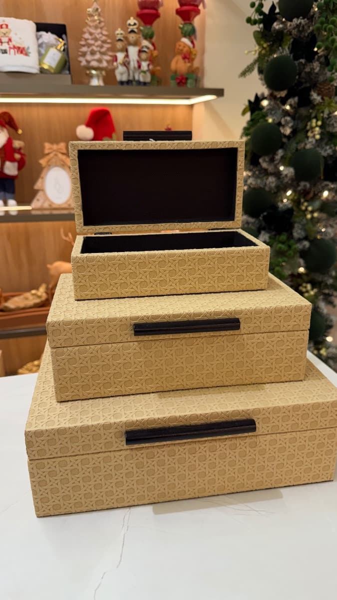 Kit 3 Caixas Retangulares com Textura Palha – Bege — imagem 2
