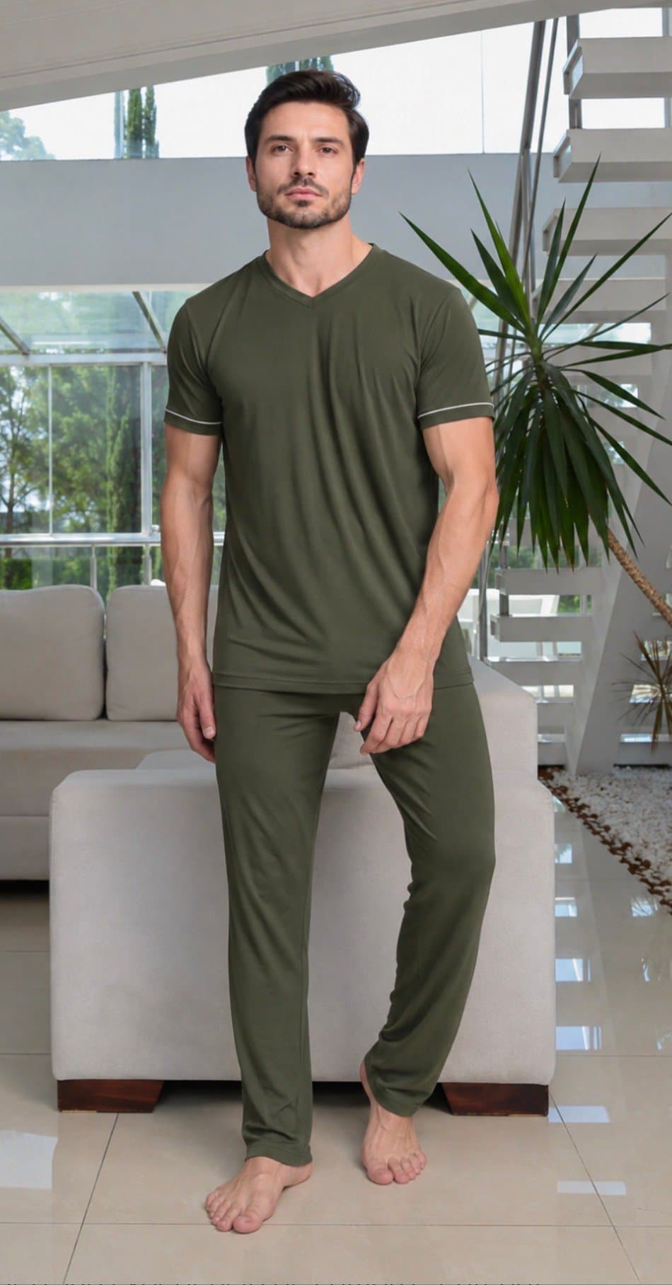 Pijama masculino longo gola V - VERDE